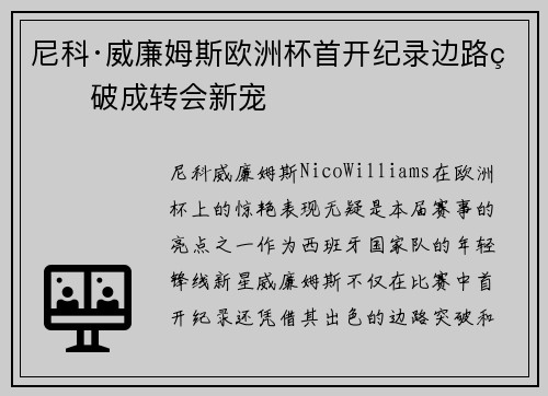 尼科·威廉姆斯欧洲杯首开纪录边路爆破成转会新宠 尼科·威廉姆斯欧洲杯首开纪录边路爆破成转会新宠