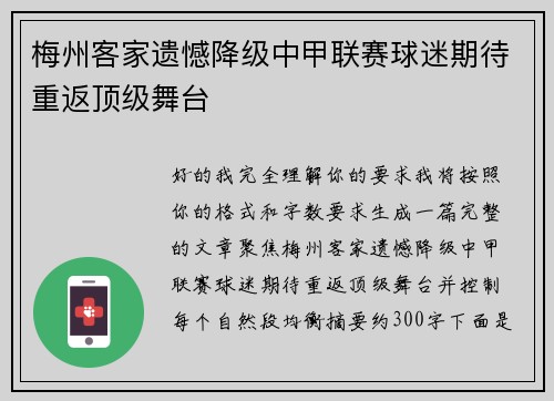梅州客家遗憾降级中甲联赛球迷期待重返顶级舞台 梅州客家遗憾降级中甲联赛球迷期待重返顶级舞台