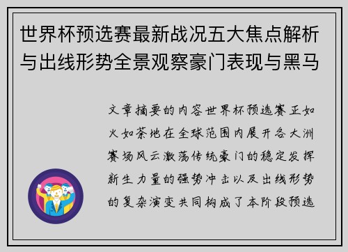 世界杯预选赛最新战况五大焦点解析与出线形势全景观察豪门表现与黑马 世界杯预选赛最新战况五大焦点解析与出线形势全景观察豪门表现与黑马